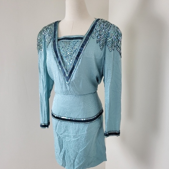 *Free With Purchase* 80’s D'ore shift dress midi turquoise beaded sequins - Picture 10 of 12